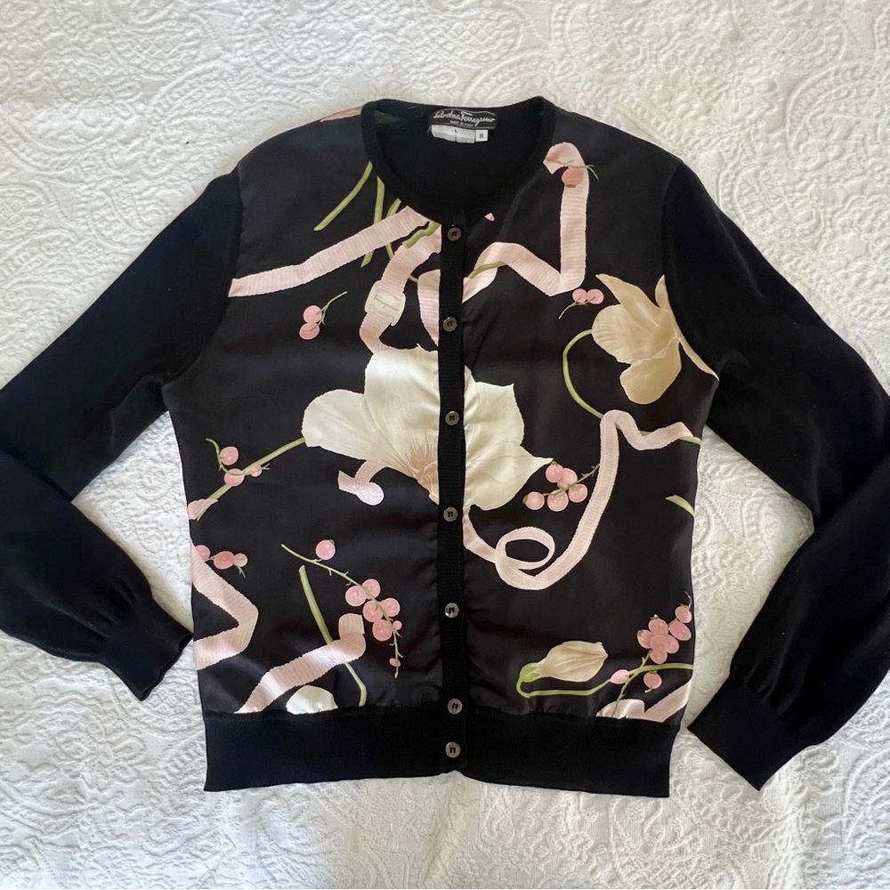 Salvatore Ferragamo Black and Pink Floral Cardigan